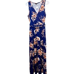 Dawiina Maxi Dress Faux Wrap Blue Floral Sleeveless Belted Size M